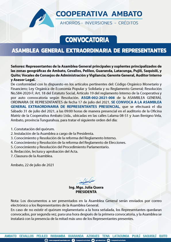 CONVOCATORIA ASAMBLEA GENERAL EXTRAORDINARIA DE REPRESENTANTES